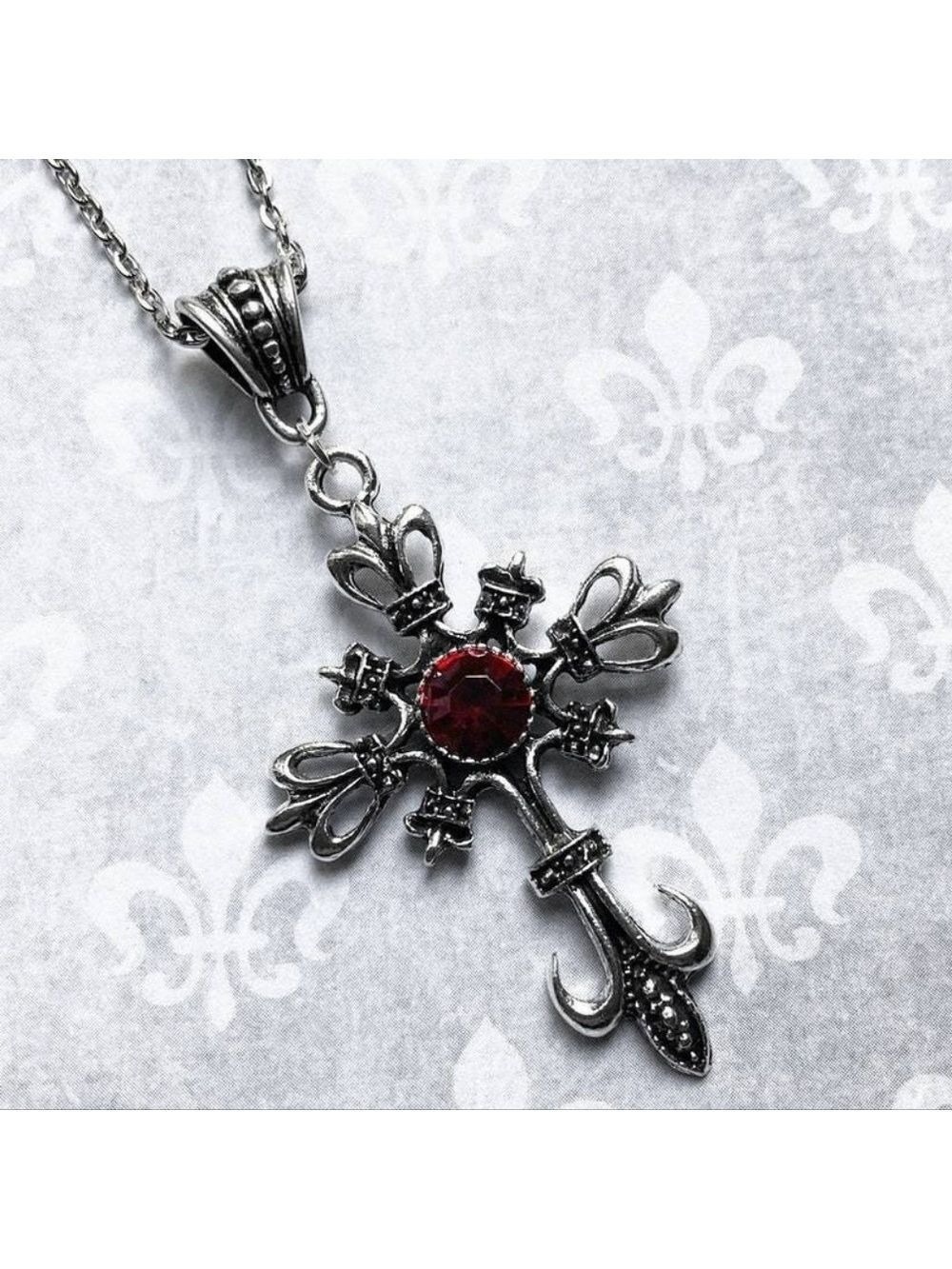 Gothic Silver and Red Cross Necklace New